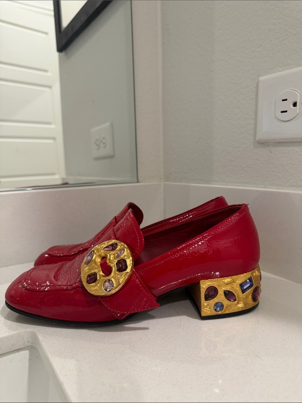 Prada Red Patent Leather Loafers with Gold Medallion - Picture 3 of 8